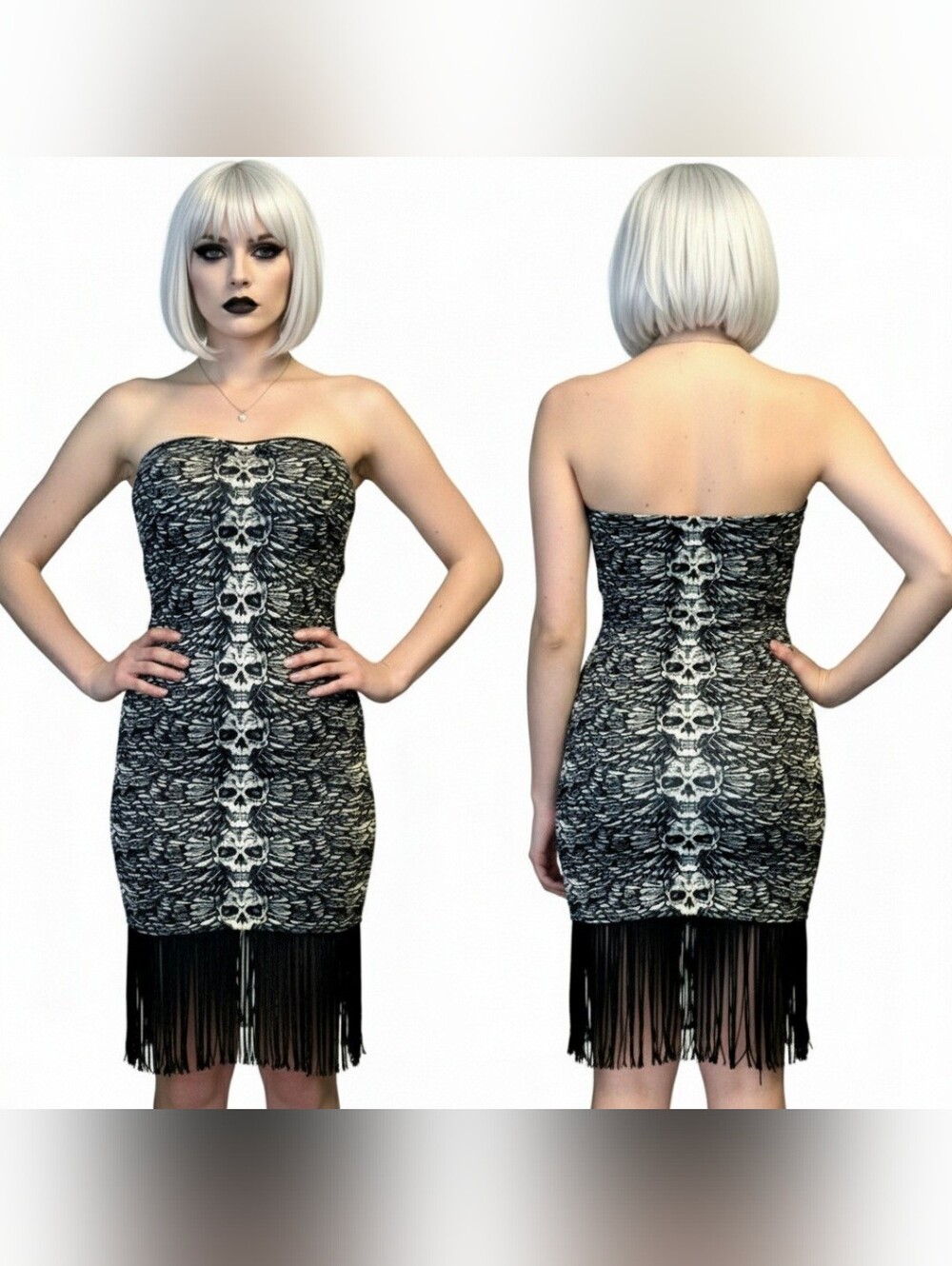 Vtg Lip Service white blk graphic skull wings tube top bodycon fringe dress XL - Picture 9 of 16